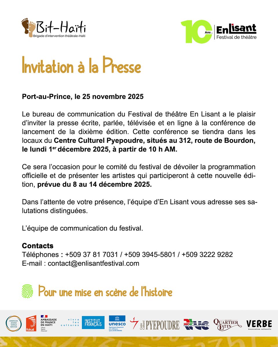 enlisantfest's tweet image. 📌 Invitation 

Cher·es ami·es de la presse,

Le festival En lisant a le plaisir de vous inviter à la conférence de presse de lancement de la 10ᵉ édition du festival En lisant, qui se tiendra le lundi 1er décembre prochain, au Centre Culturel Pyepoudre, à 10 h AM.