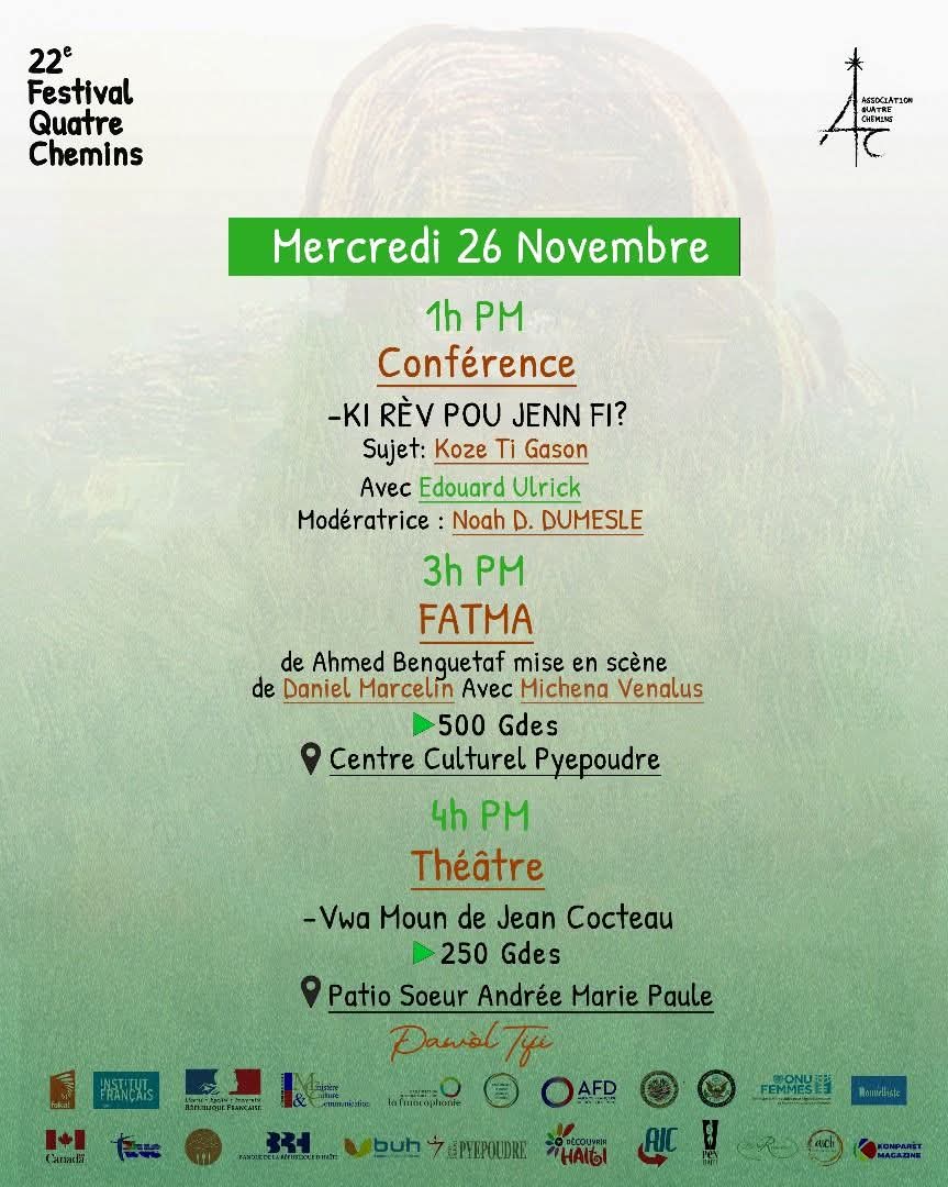 Voici la programmation complète de la journée du 26 nov. Découvrez les activités prévues et rejoignez-nous pour une nouvelle journée riche en spectacles, conférences et rencontres.