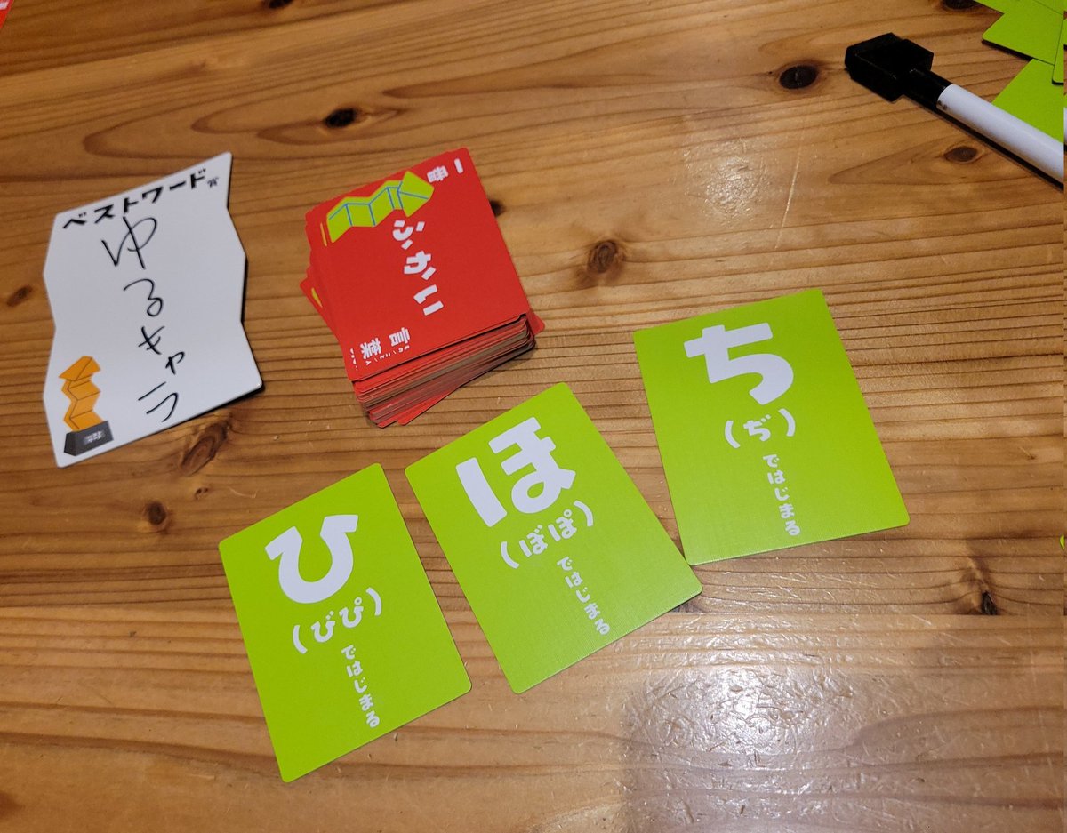 みんなでベストワード

連想ゲームカルタ

お題を見てぴったりな言葉を発表できる頭文字を早取り
狙いったのが取れなかったらひねり出せ！

ボドゲ合宿の深夜に異様な盛り上がりを見せてたが、妙なバフがかかってた説はあるw
とはいえワイワイお遊べる環境にぴったり
制限時間があるのが分かってる