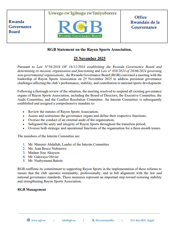 Announcement regarding Rayon Sports Association.