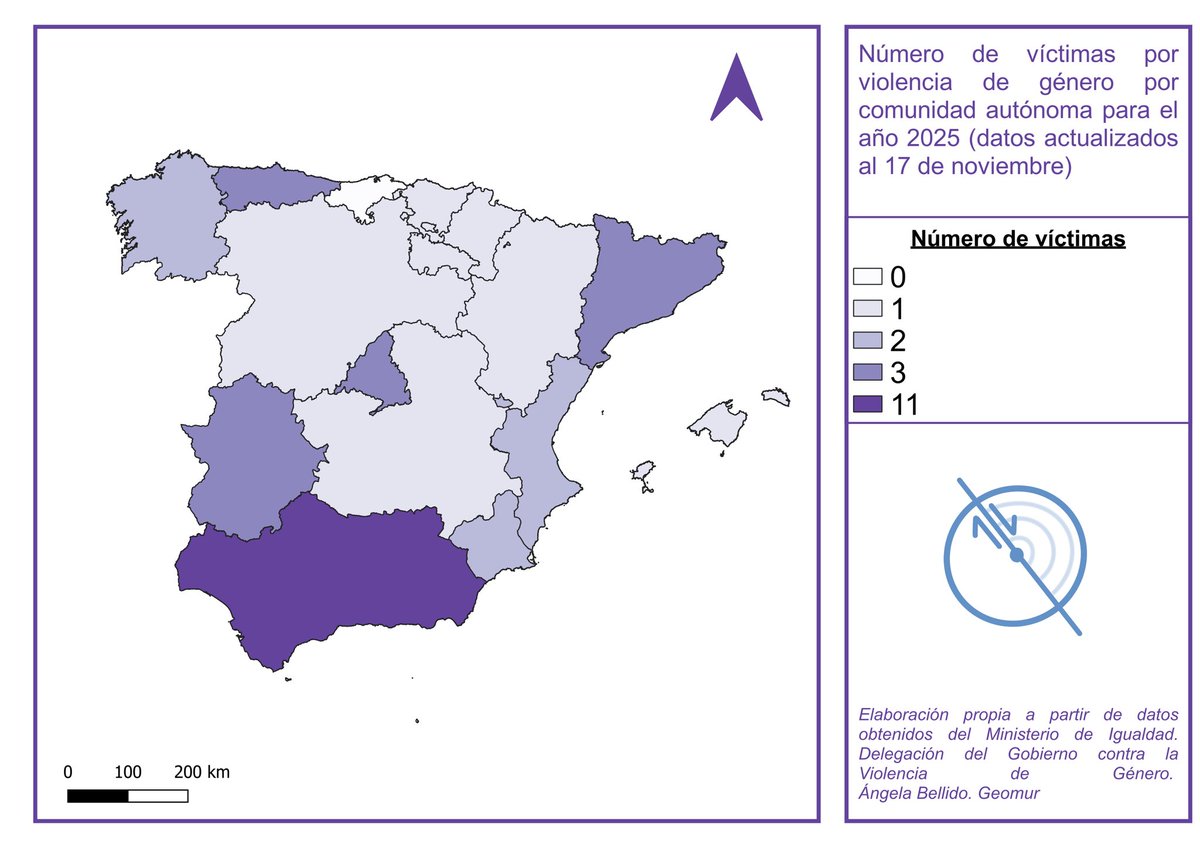Con motivo del 25N compartimos estos dos mapas de la distribución espacial de las víctimas mortales por violencia de género para el año 2015 y 2025 (datos actualizados el 17 de noviembre)