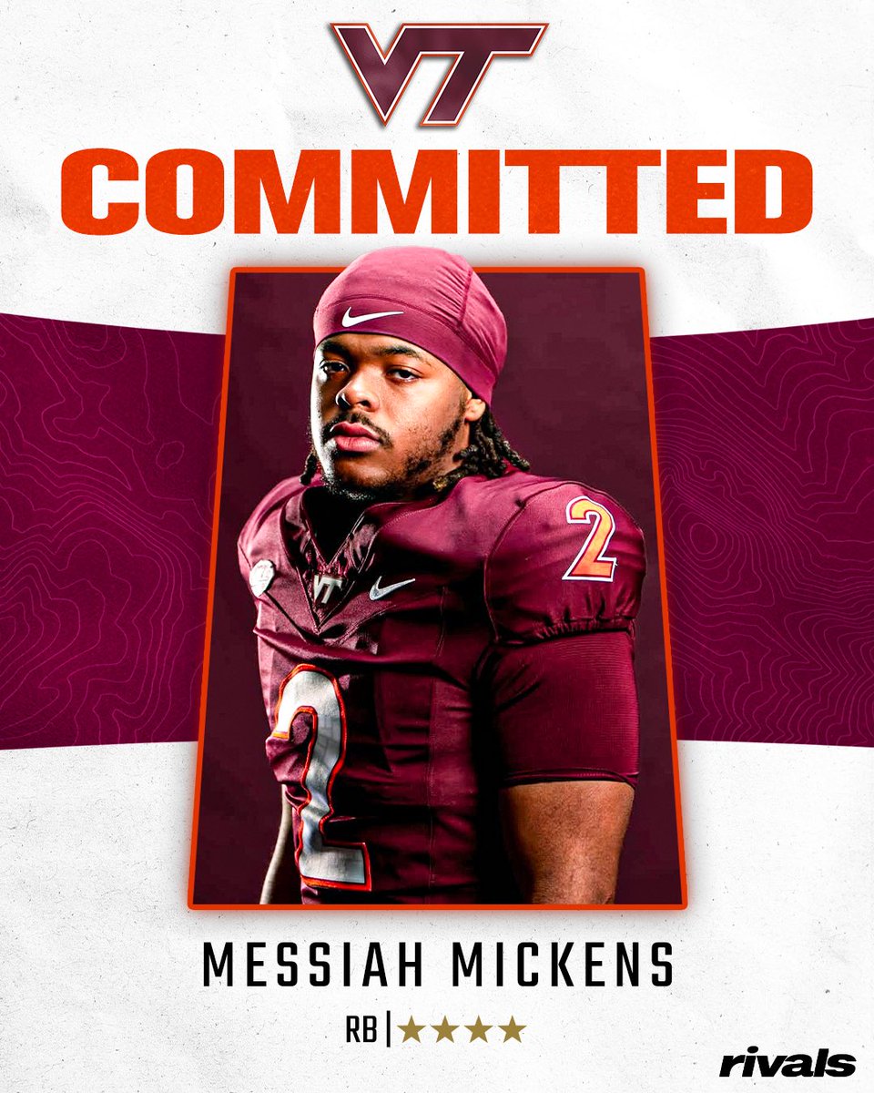 Rivals's tweet image. 🚨BREAKING🚨 4-star RB Messiah Mickens has committed to Virginia Tech, @Hayesfawcett3 reports🦃

Mickens recently decommitted from Penn State. 

Read: on3.com/rivals/news/fo…