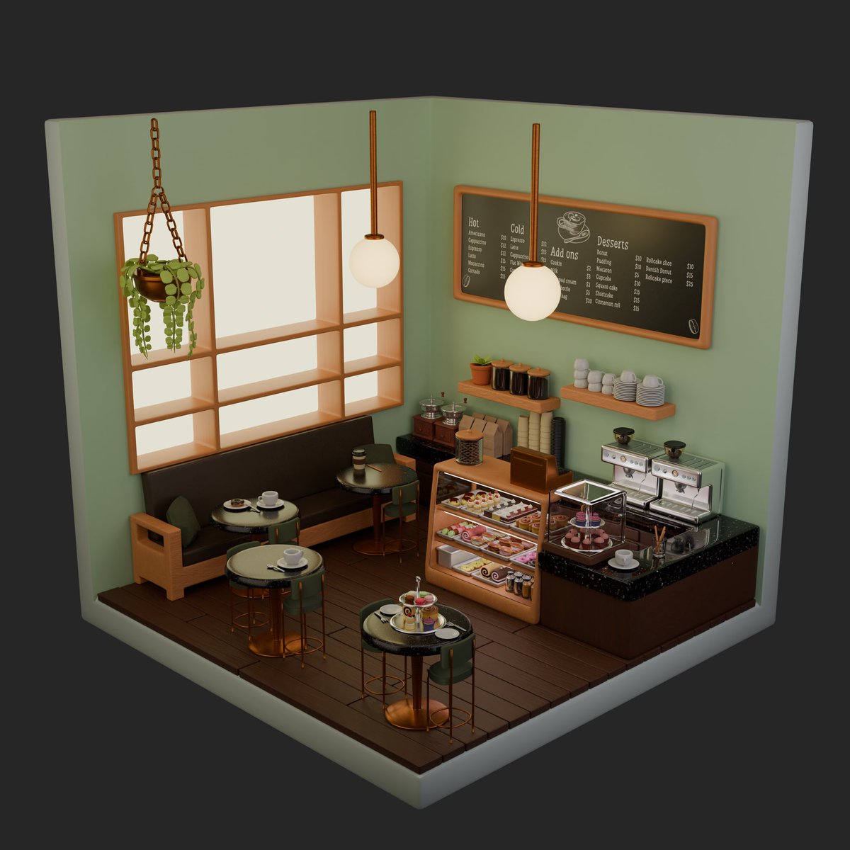 LovereChan's tweet photo. New 3D scene, this time is a cute and cozy cafe. Coming soon on my #blenderkit store. 
#blender3d #3DModel #blender https://t.co/6DQuS7J9N1