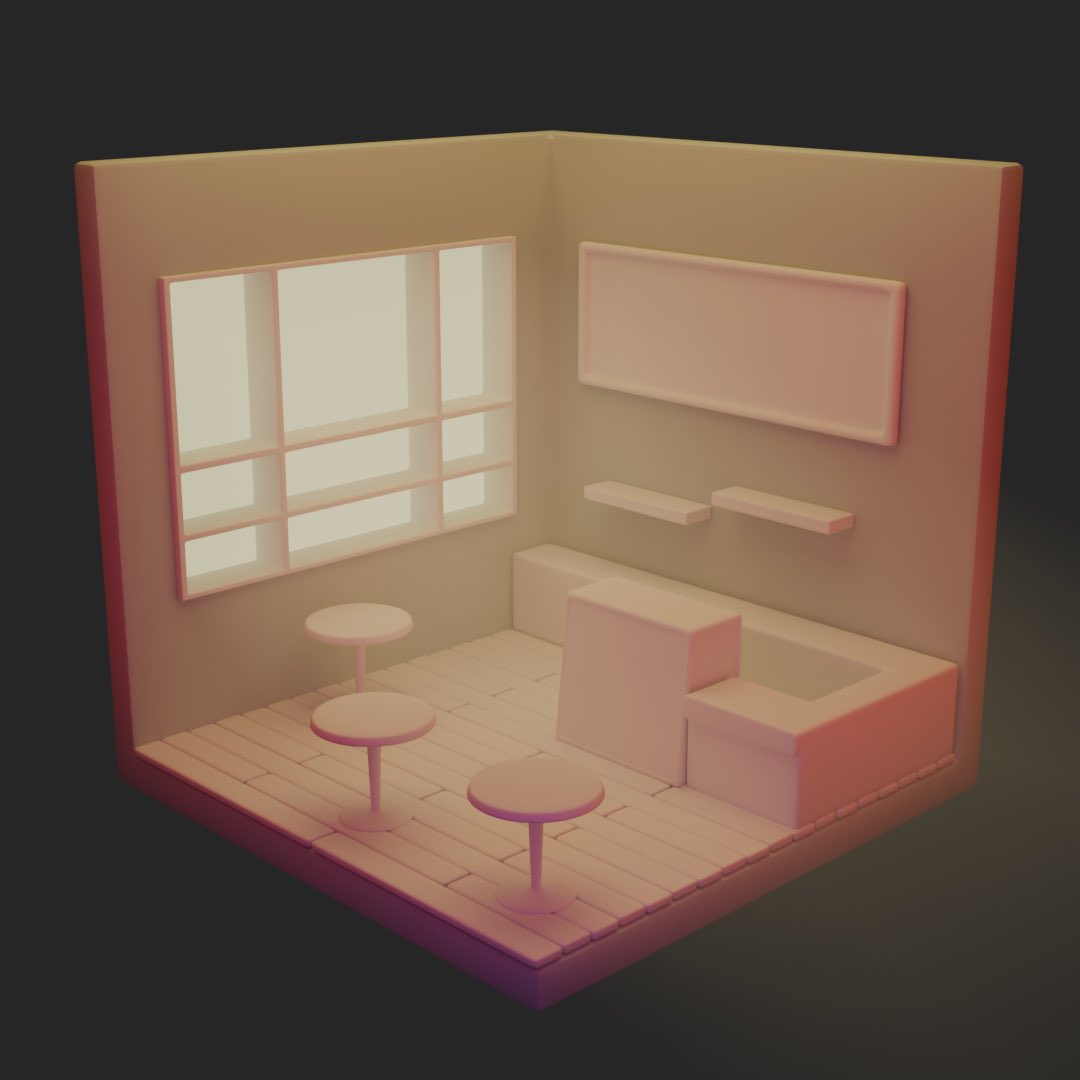 LovereChan's tweet photo. New 3D scene, this time is a cute and cozy cafe. Coming soon on my #blenderkit store. 
#blender3d #3DModel #blender https://t.co/6DQuS7J9N1