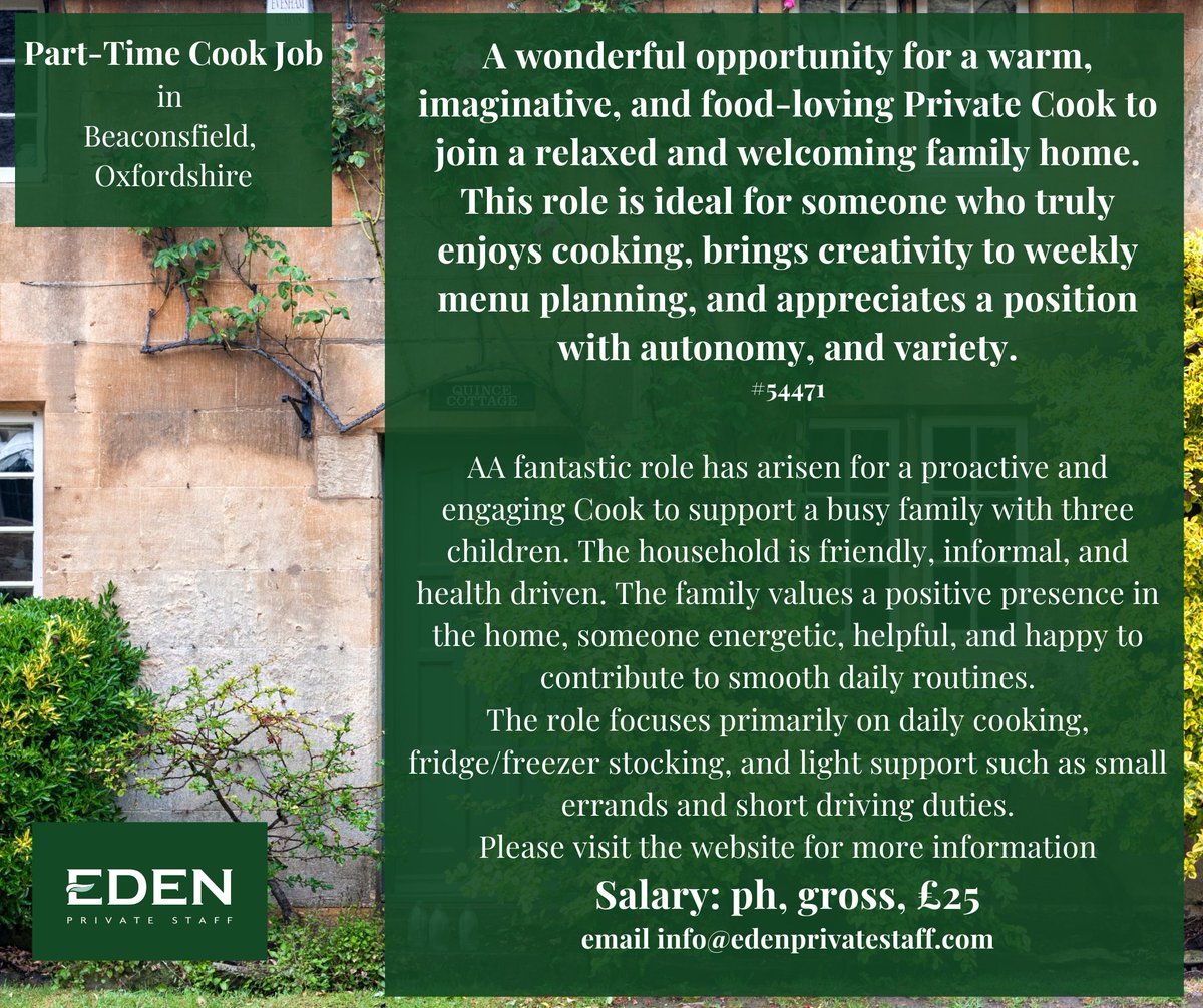 EdenPrivateStaf's tweet image. A fantastic role for a creative Private Cook who loves good food, enjoys variety, and wants autonomy in a warm, welcoming family home.

edenprivatestaff.com/job/part-time-…
#privatechef #chefs #privateclients #privatestaff #chefstalk #cheflife 
 #chefjobs #chefrecruitment #familychef
