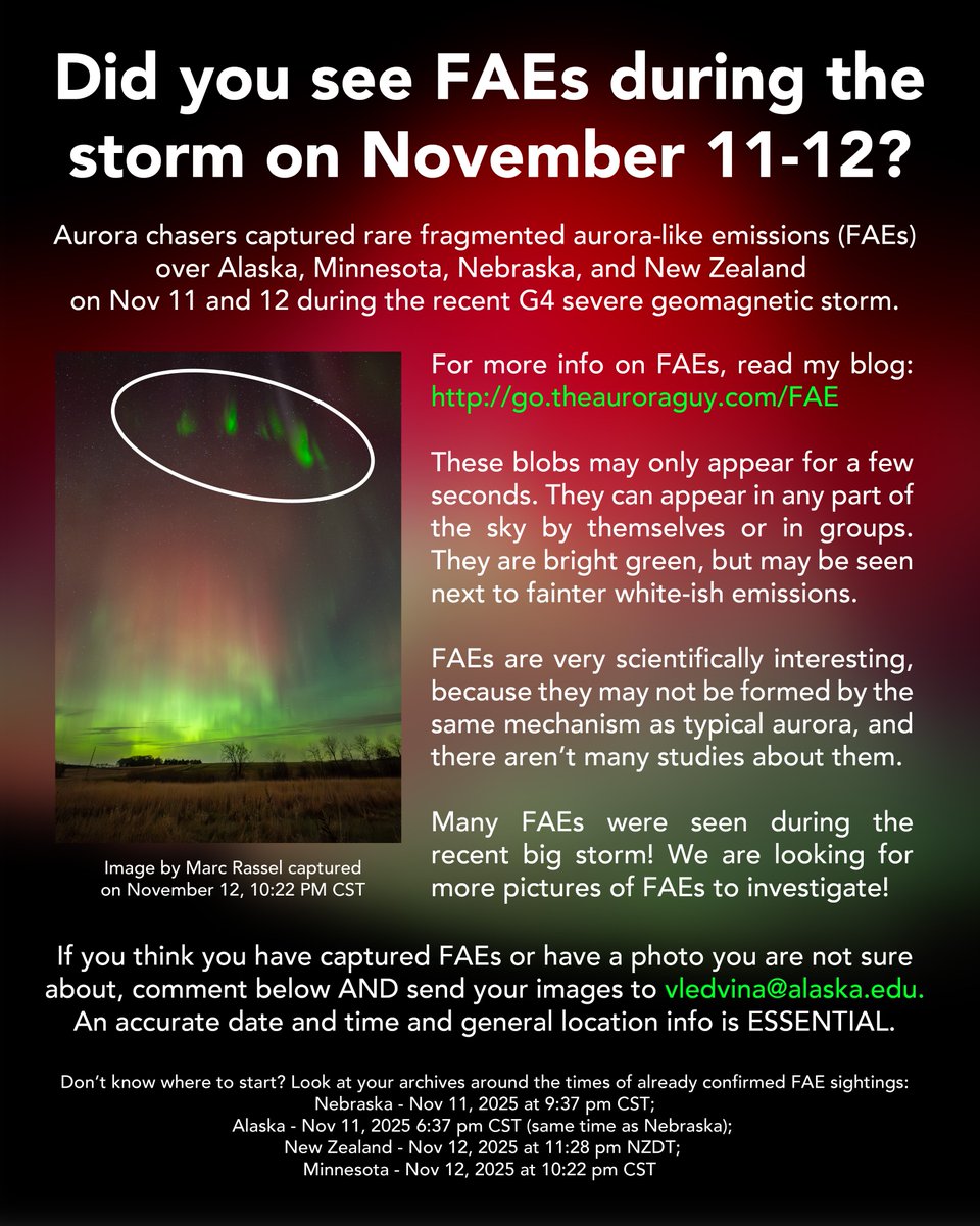 Vincent_Ledvina's tweet image. Did you see little green blobs during the big storm a couple weeks ago? Well, they may have been FAEs, or Fragmented Aurora-Like Emissions, and your photos are helpful to scientists! You can learn more about these little green &quot;tick tack&quot; auroras in one of my blog posts:…