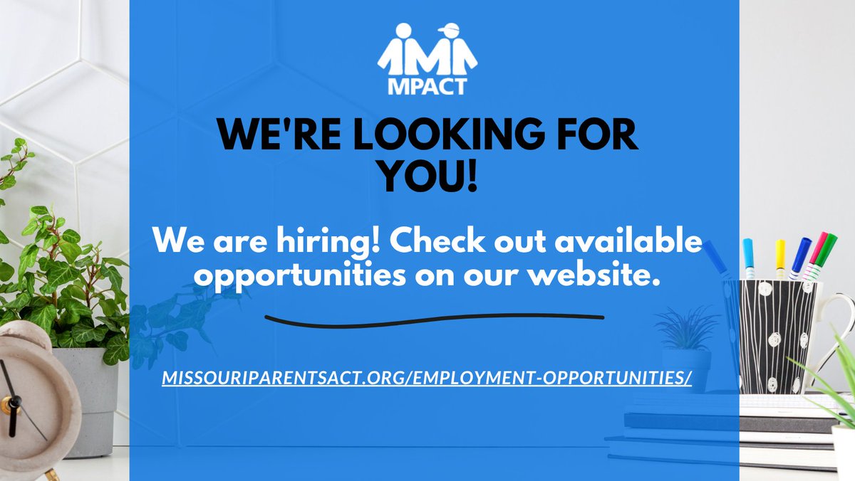 📣 We're hiring!
Join the MPACT team and help support Missouri families.
View open positions and apply here:
👉 missouriparentsact.org/employment-opp…

#NowHiring #MPACTMO #AdvocacyJobs #NonprofitCareers
#HiringNow #MPACTMO #JoinOurTeam #AdvocacyJobs #NonprofitCareers #MakeADifference