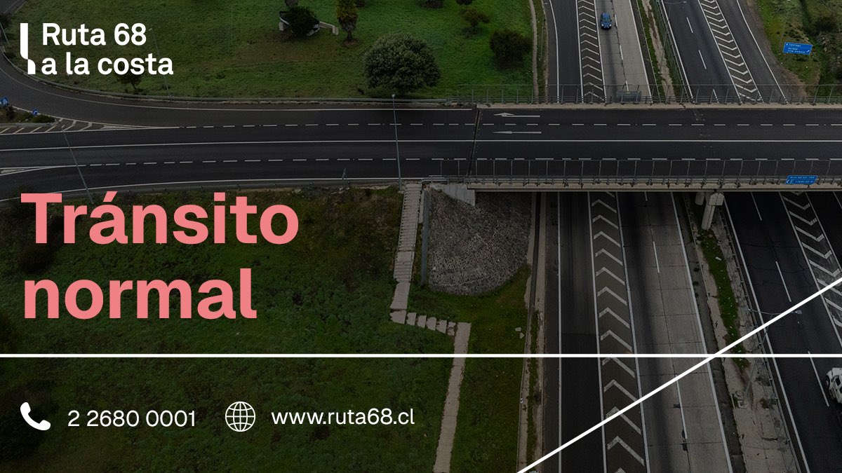 ✅ [INFORMACIÓN] A esta hora se registra tránsito normal a lo largo de #Ruta68. Respete los límites de velocidad. <a href="/mop_chile/">Ministerio de Obras Públicas🇨🇱</a> <a href="/radiocarab/">Carabineros Radio</a> <a href="/biobio/">BioBioChile</a>
