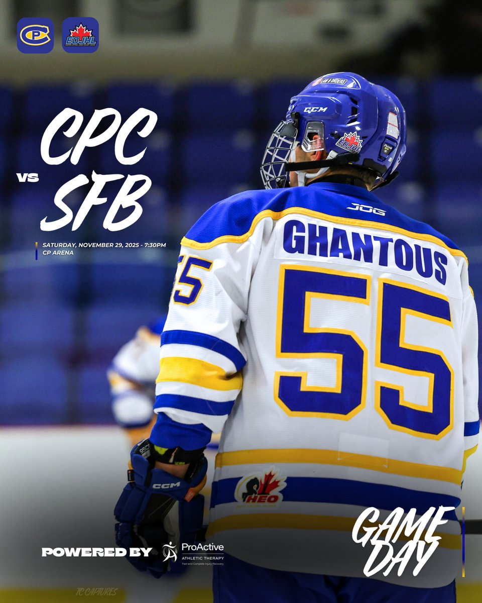 CPCTier2's tweet image. GAME DAY!

Powered by our friends @proactiveathletictherapy 
Come out to the CP arena to cheer on your Junior Canadians as they face off against the Smiths Falls Bears. Puck drop is set for 7:30pm. 

🔵🟡🔵

#CPC #BetterEveryDay