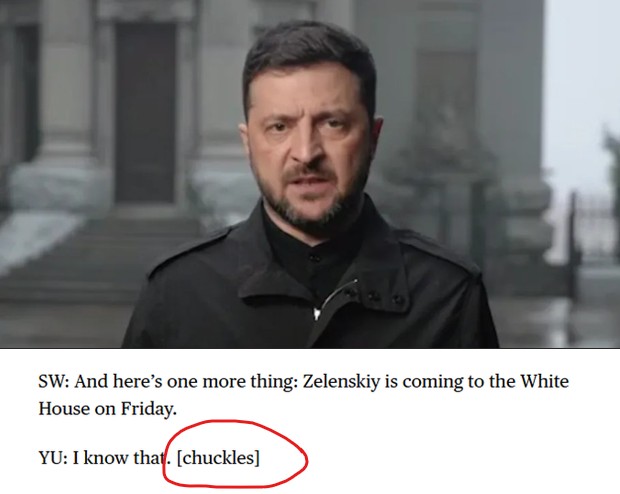 hissgoescobra's tweet image. Put these two items together: Zelensky giving a heartfelt speech to his people about the possible loss of U.S. support vs. Witkoff and Ushakov laughing at an ambush of Zelensky to come in the Oval Office.