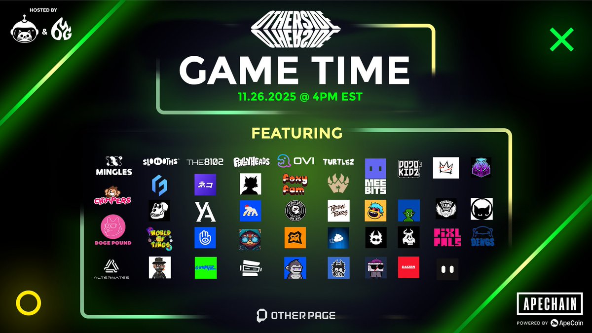 GAME TIME #6 IS COMING!  

Less than 24 hours away from the MCV event in <a href="/OthersideMeta/">Othersidemeta</a>

Now exploded to 40+ amazing communities &amp; prizes keep growing! Join us in the Nexus for good vibes and juicy giveaways of $APE and NFTs!

In collaboration with <a href="/OtherGamesXYZ/">Other Games</a>

1/3...🧵
