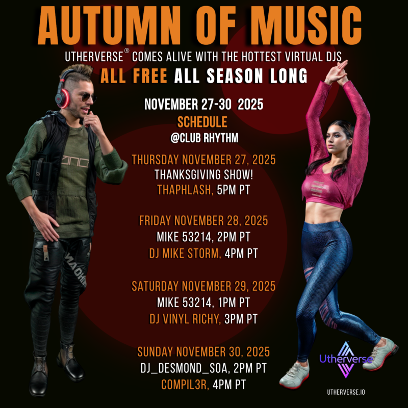 Utherverse's tweet image. Join us during the last week of our virtual music festival, Autumn of Music. We have new DJs and are also featuring the return of one of our audience's favorites. All events are free and online. Find more details on our website. vist.ly/4fzgd