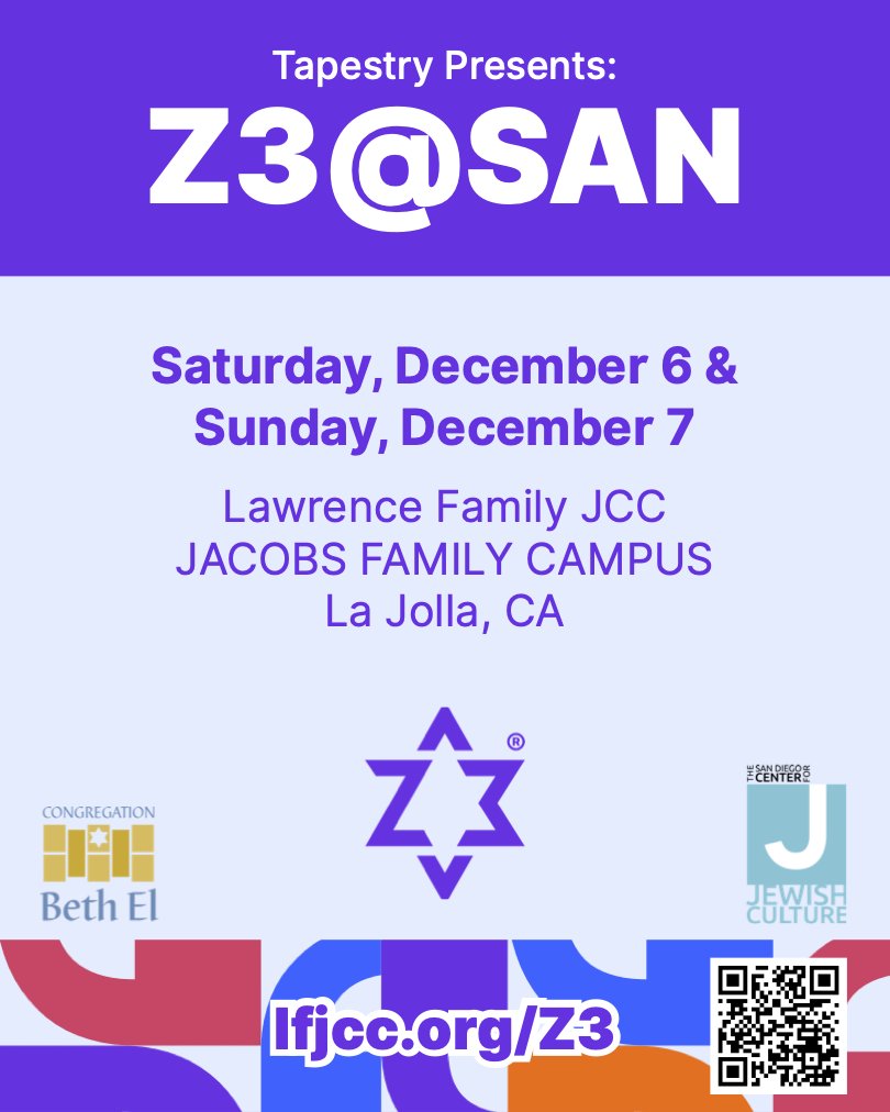 z3_project's tweet image. Are you in the San Diego area? Don’t miss the first ever Z3@ SAN, December 6-7 at the @lfjcc. Join the local community for a day of Jewish learning, connection and engaging conversations focused on building the Jewish future together.

Register today: lfjcc.org/cjc/tapestry.a…
