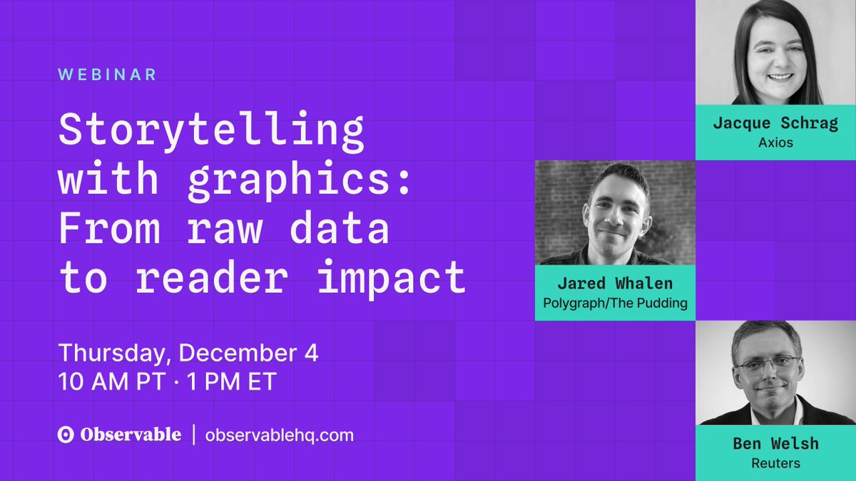 observablehq's tweet image. Readers have come to expect engaging data visualizations from their news sources. 
On Dec 4, experts from @Reuters, @axios, and @puddingviz will unpack what makes a visualization clear, credible, and emotional. Register for the webinar: buff.ly/tX5rU5d