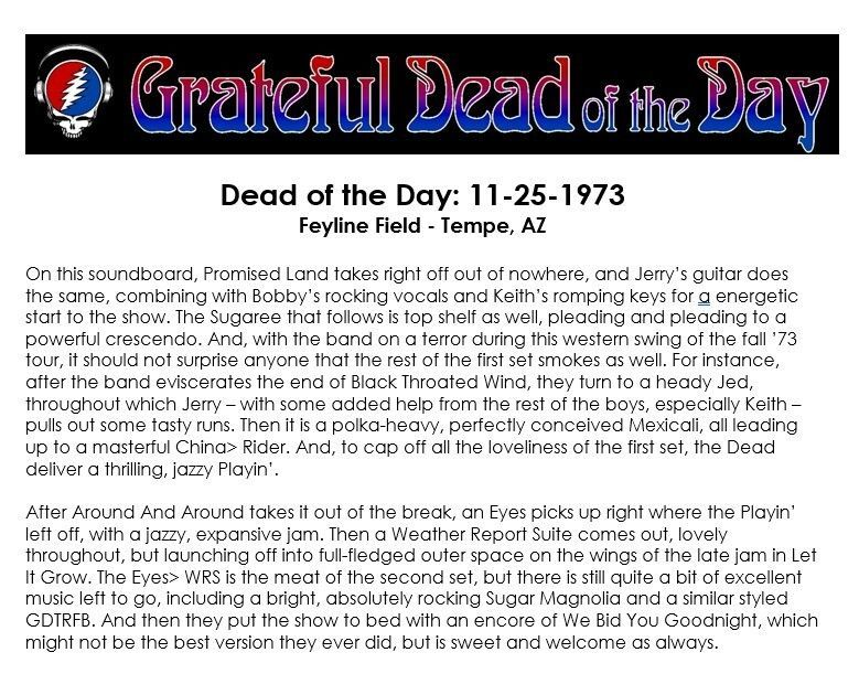 gdradio's tweet image. #UpNext on GDRADIO.NET
(at around 4:00pm eastern / 1:00pm pacific)
★ 1973-11-25 at Feyline Field in Tempe, AZ ★
#OTD #DeadOTD #DeadHeads #GratefulDead #gratefuldeadmusic
(content courtesy of gratefuldeadoftheday.com)