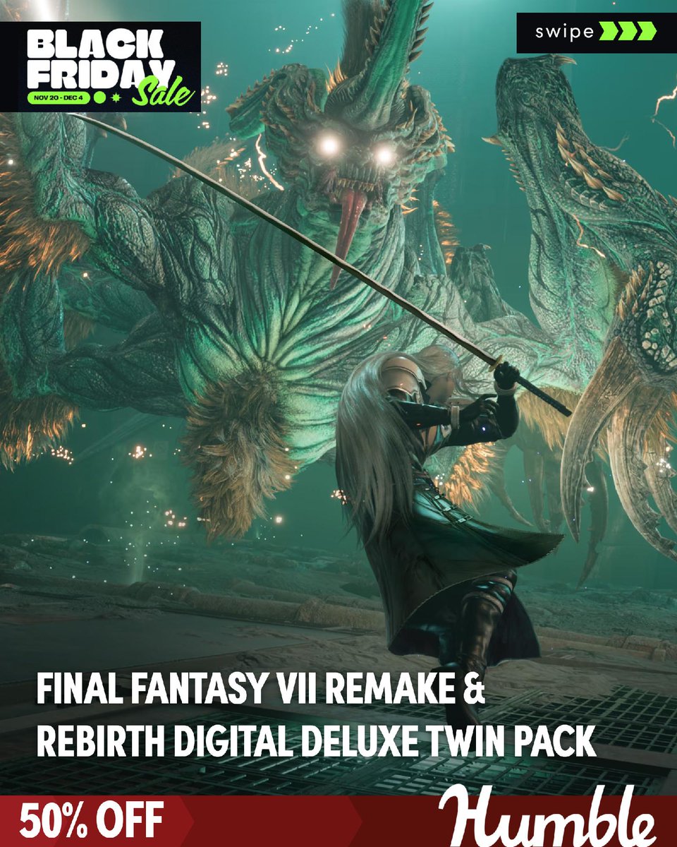 humble's tweet image. The world of the timeless classic Final Fantasy VII is reborn. Get the Final Fantasy VII Remake &amp;amp; REBIRTH Digital Deluxe Twin Pack for 50% off during the Humble Store Black Friday sale. bit.ly/4oX83g9