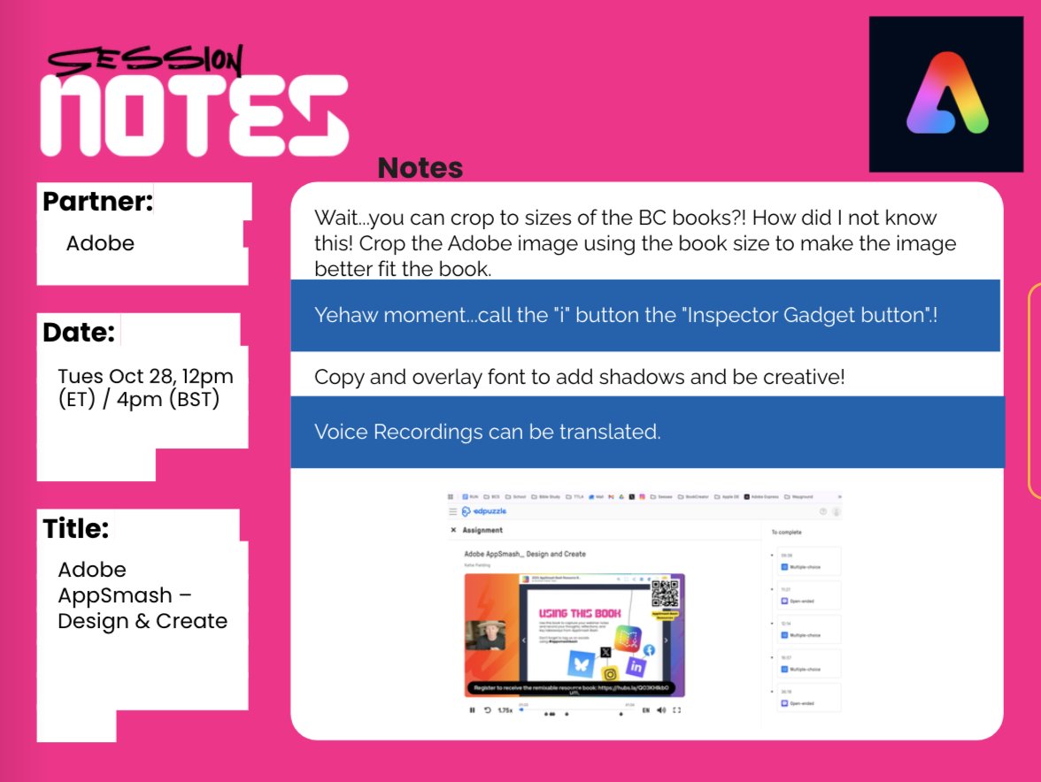 swampfrogfirst's tweet image. Enjoy being able to rewatch webinars from @BookCreatorApp  

LOVE the format of using @edpuzzle to house the replays &amp;amp; add engagement!
AND the #bookcreator notebook for notes
read.bookcreator.com/J0Gk3XKE0ddhu0…

🤞🏼for the PD in Pajamas 💜

#appsmashbash