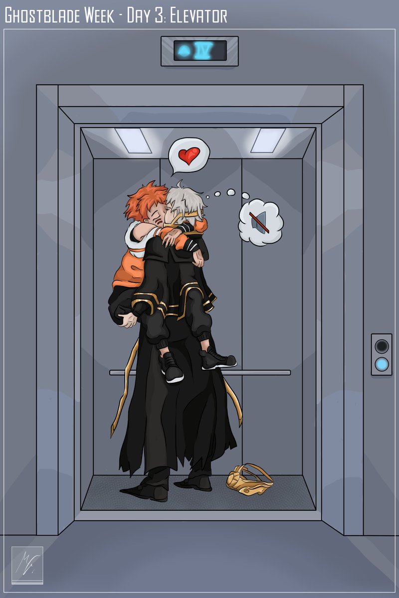 standardheld's tweet photo. Happy #GhostbladeWeek2025 to you all! It's day 3 which means I can finally show my elevator art. Should be sfw, except for bonus panel 4 (TW: blood) which shows an alternate ending of the scene when GB is too annoyed. #ghostblade #TBHX https://t.co/uAnZauYJwD