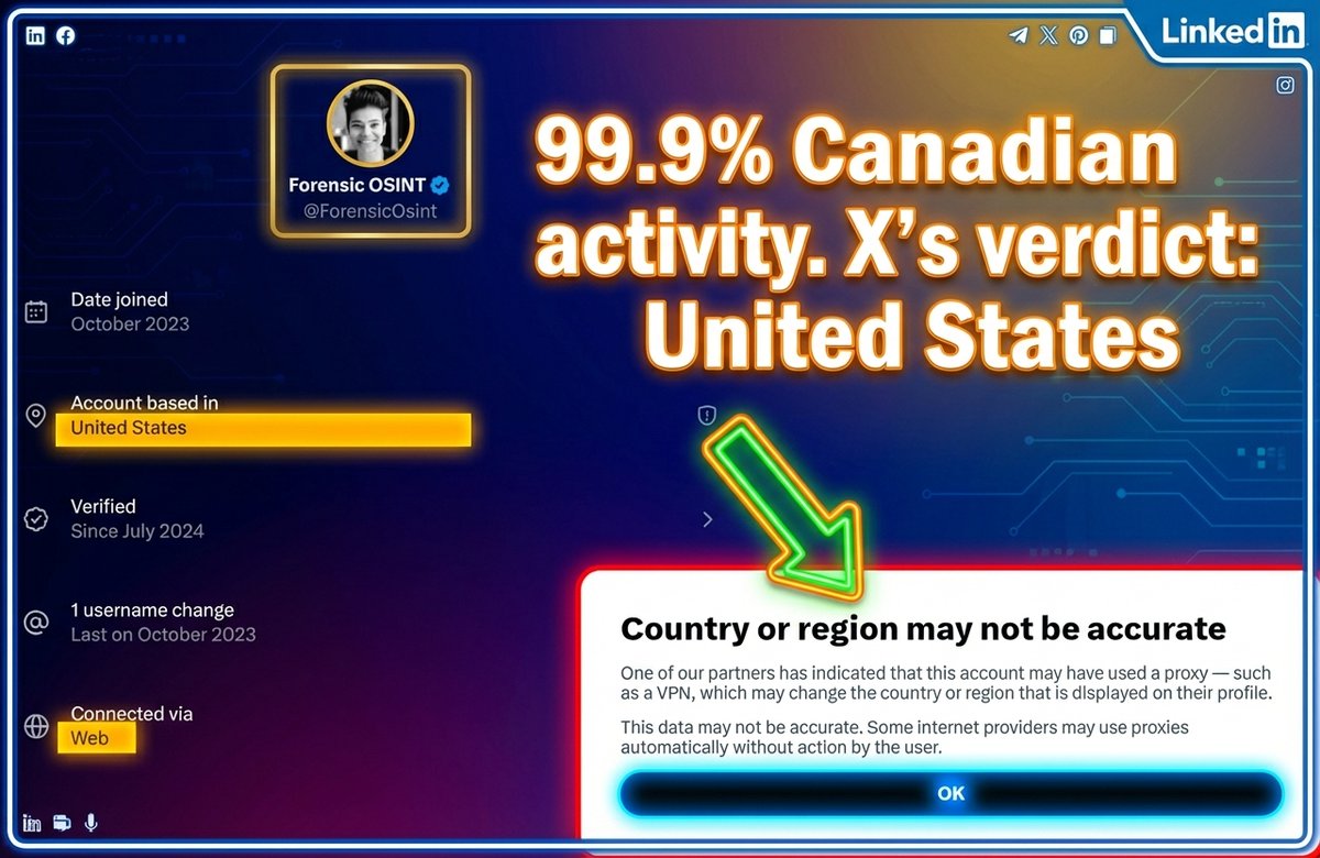 ForensicOsint's tweet image. X just “moved” our X account to the United States.

Reality:
 + Created &amp;amp; 99.9% run from Canada
 + Laptop-only, web access
 + Crossed the border a few times
 + No active VPN in months

Yet the flag flipped, with X’s own “may not be accurate” disclaimer.

Perfect reminder for…