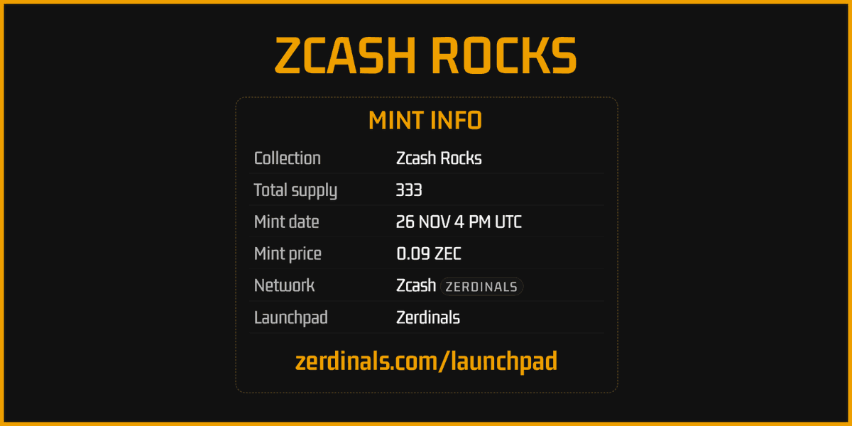 It’s official! ZCASH ROCKS mint goes live today on Zerdinals Launchpad! 🪨

🔗 zerdinals.com/launchpad
Mint details on the image, mint link coming soon! 

🎁 Giveaway: 2x Zcash Rocks
✅ Follow <a href="/ZcashRocks/">Zcash Rocks 🪨</a> &amp; <a href="/zerdinalsFDT/">Zerdinals</a> 
✅ Like + repost
✅ Tag frens &amp; drop your ZEC wallet in