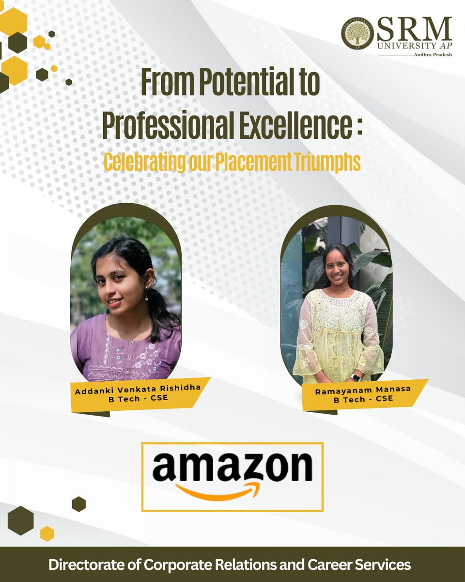 SRMUAP's tweet image. From classroom learning to professional excellence, our students continue to shine bright.

Congratulations to Sri Venkata Rishidha Addanki and Manasa Ramayanam for earning prestigious roles at @amazonIN.

Your hard work, passion, and perseverance have truly paid off!

#SRMAP…