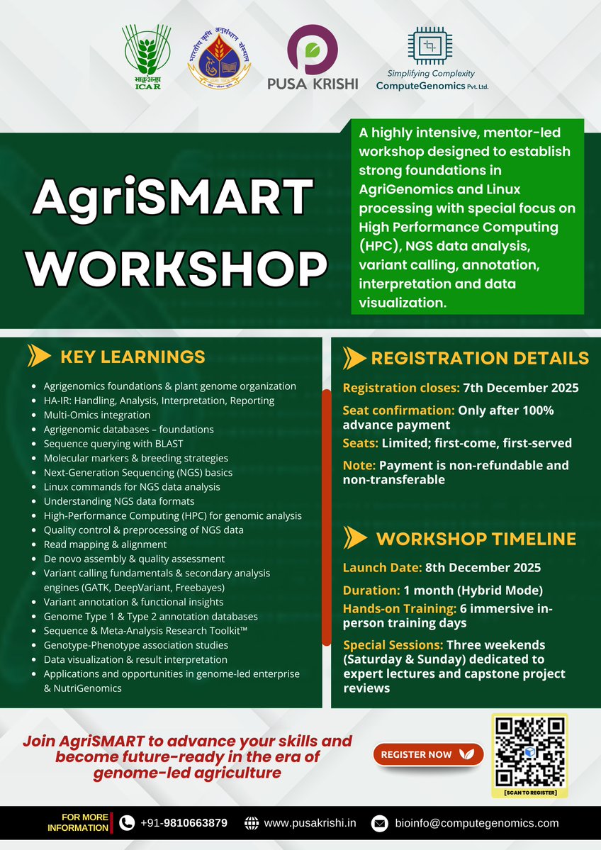 PusaKrishi's tweet image. Unlock the power of agri-genomics with AgriSMART Workshop! 🔬
For details, visit - pusakrishi.in/agrismart/

#AgriSMART #AgriGenomics #BioinformaticsTraining #NGSAnalysis #HPC #GenomeResearch #AgriTechInnovation #PrecisionAgriculture #GenomicsEducation #FutureOfAgriculture