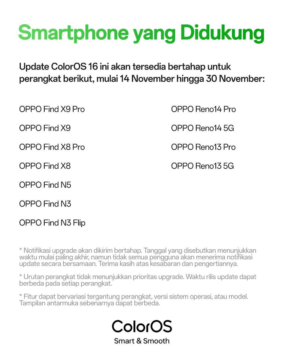 OPPOIndonesia's tweet image. Simak juga fitur tambahan dan perangkat yang mendukung #OPPOColorOS16 di slide akhir ya, O-Fans!

#MoreColorEveryMonth