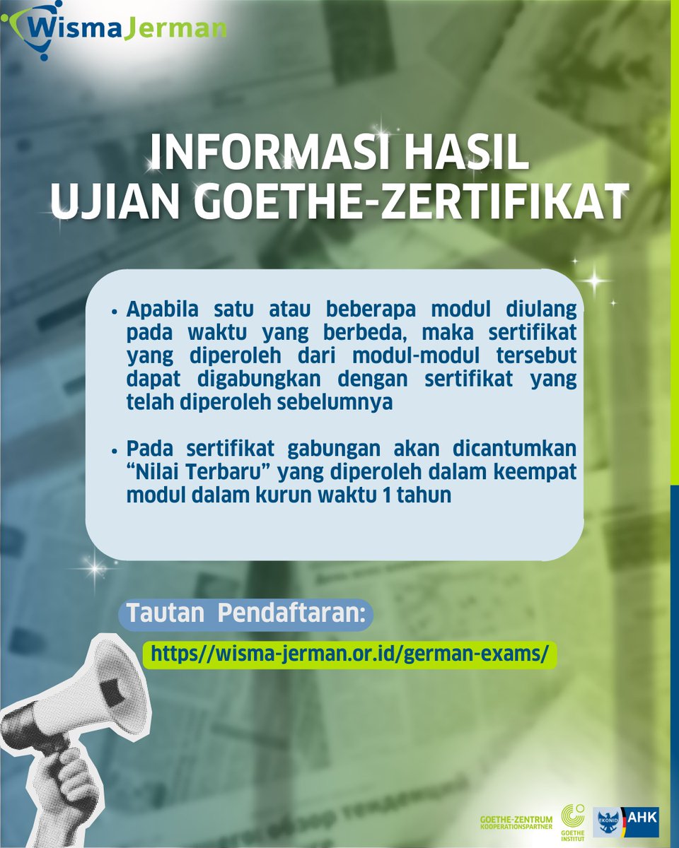 WismaJerman's tweet photo. Pendaftaran dapat melalui situs web kami di https://t.co/hzkdzUohiZ
Konsultasikan pertanyaan kamu melalui:
WhatsApp: 0812 5234 0601 
Email: ujian@wisma-jerman.or.id
Yuk amankan kuotamu 🚀 https://t.co/4LcvK7U3E0