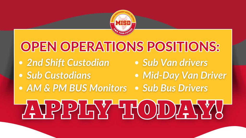 We’re hiring for key operations positions!

✅ Custodians
✅ Bus Monitors
✅ Substitute Van Drivers
✅ Mid-Day Van Driver (8:30-2:45pm)
✅ Substitute Bus Drivers

Apply at: applitrack.com/marionia/onlin… 

#MISDInspire #MISDOwnYourFuture