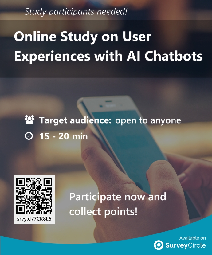 top_studies's tweet image. Participants needed for top-ranked study on SurveyCircle:

&quot;Online Study on User Experiences with AI Chatbots&quot; surveycircle.com/7CK8L6/ via @SurveyCircle

#AiChatbots #UserExperience #DigitalInfluence #safety #survey #surveycircle