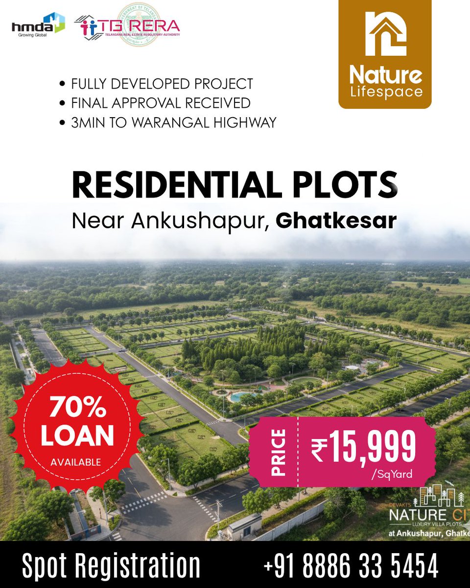 NatureLifespace's tweet image. 🌟 Build your dream home today! 🚀 HMDA &amp;amp; RERA approved residential plots starting at just ₹15,999/Sq.Yard near Ankushapur, Ghatkesar! Bank loans available—call 📞 8886335454 now! 🏡 #RealEstateDeals #DreamPlot #InvestNow