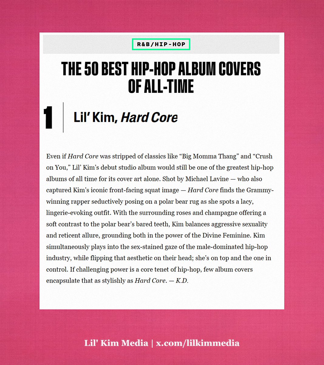 LilKimMedia's tweet image. Billboard names “HARD CORE” by Lil’ Kim the best hip-hop album cover of all time.
