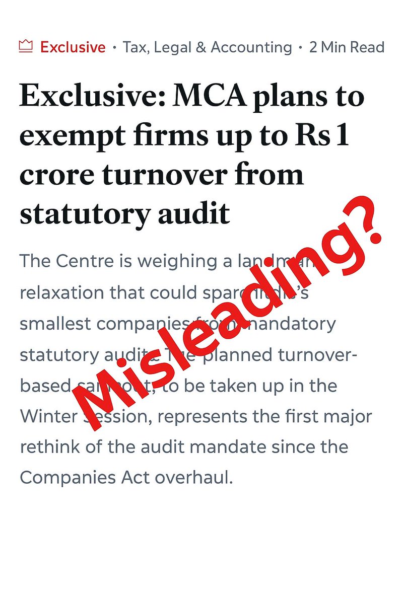 theavinashrao's tweet image. No - the Company Law Committee has NOT recommended scrapping statutory audit for companies with turnover up to ₹1 crore.

A lot of CAs &amp;amp; professionals have circulated this since yesterday, so I dug deeper.

Here’s the factual position 👇

🔹 “The Corporate Laws (Amendment) Bill,…