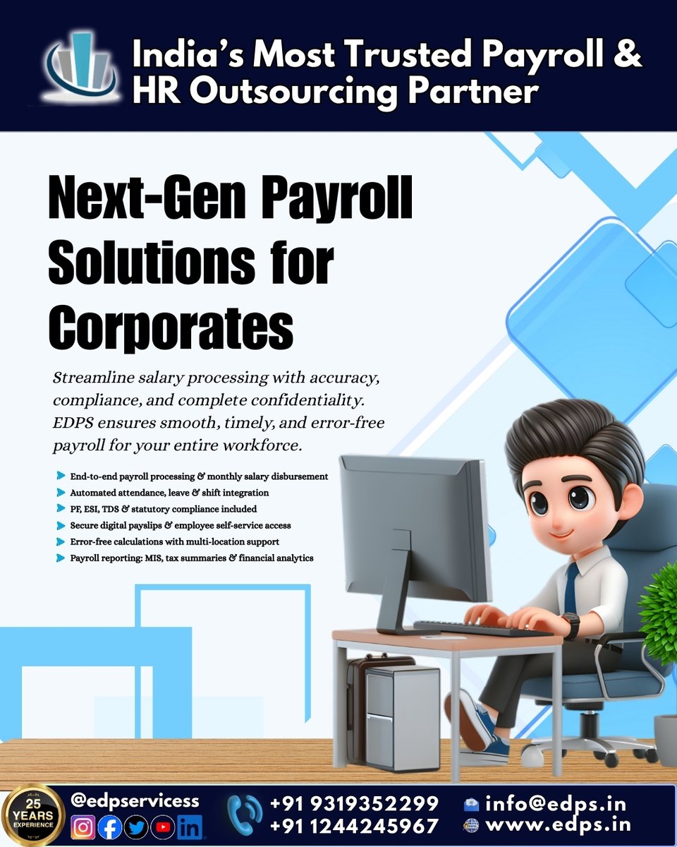 edps_services's tweet image. Next-Gen Payroll Solutions for Corporates
📩 info@edps.in | 🌐 edps.in | 📞 +91 9319352299
Streamline salary processing with accuracy, compliance, and complete confidentiality.
#CorporatePayroll #PayrollSolutions #PayrollProcessing #HRServices #EDPServices #delhi