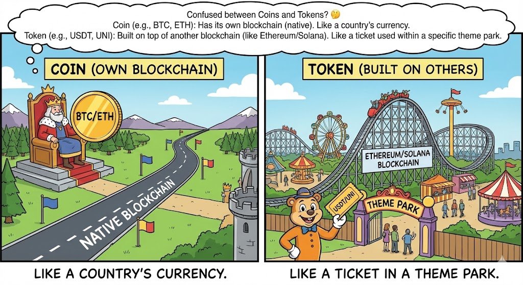 D_anggih's tweet image. Confused between Coins and Tokens? 🤔 
Coin (e.g., BTC, ETH): Has its own blockchain (native). Like a country&apos;s currency.
Token (e.g., USDT, UNI): Built on top of another blockchain (like Ethereum/Solana). Like a ticket used within a specific theme park. #CryptoBasics #Altcoins