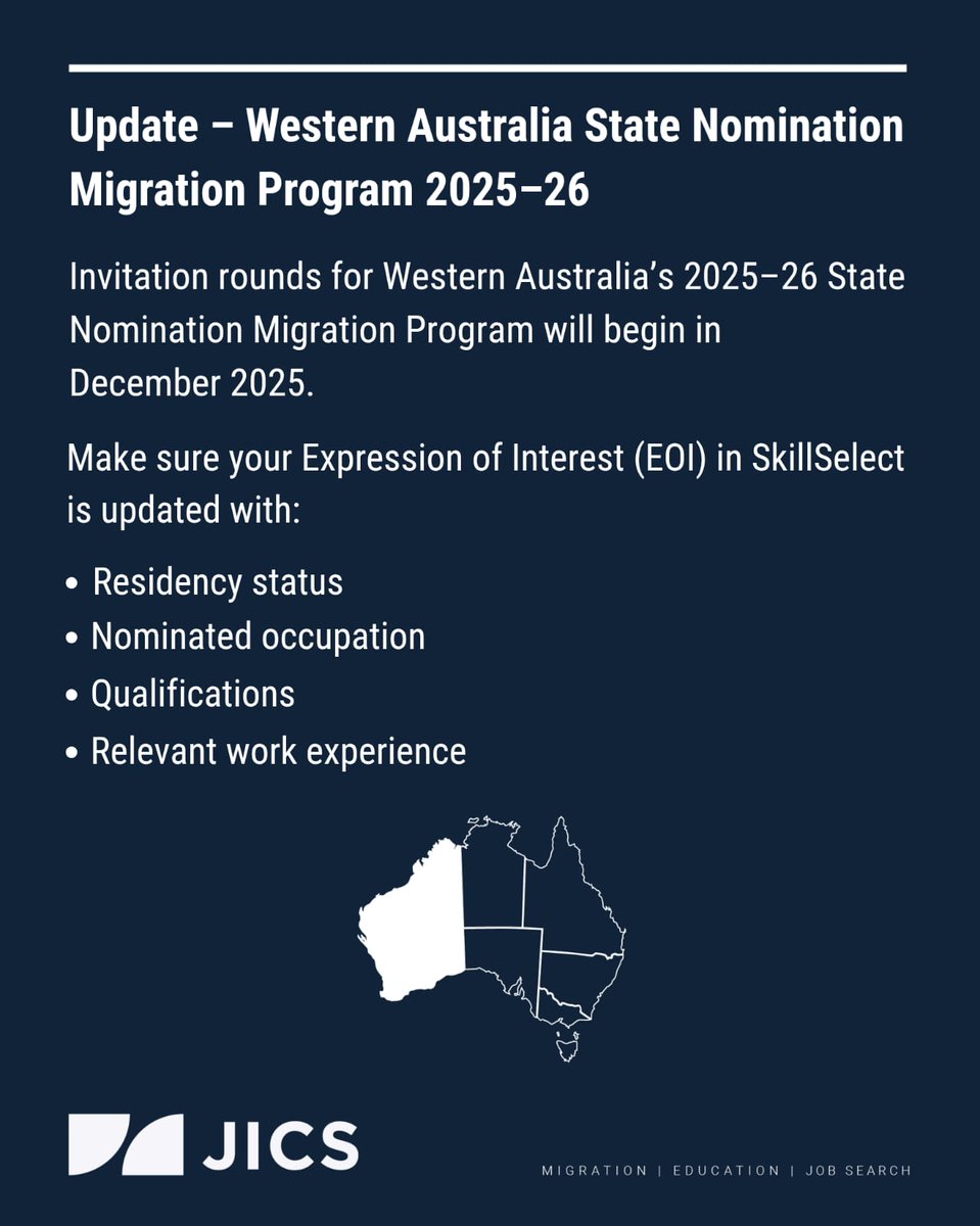 jicsaustralia's tweet image. WA’s 2025–26 State Nomination Migration Program starts this December.
Update your EOI to stay eligible.
JICS is here to help you navigate your migration journey.

📩 migration@jics.com.au |📞 +61 434 888 794
#WAMigration #MigrationAU #SkillSelect #EOI  #StateNomination #JICS
