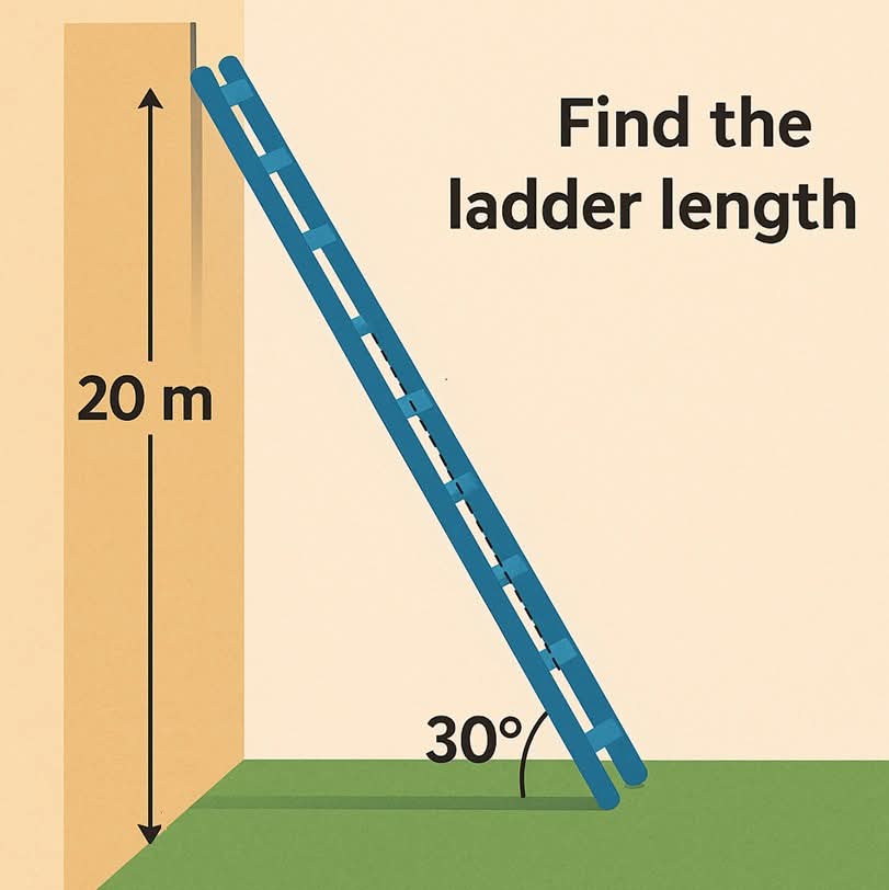 MathGuyTFL's tweet image. A ladder touches a wall at 20 m and makes an angle of 30° with the ground. Find the ladder length.
