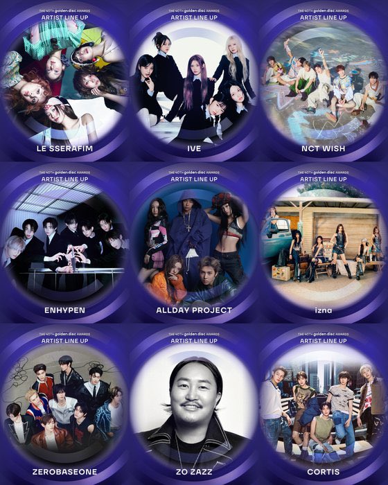 ไลน์อัพ1 รายชื่อศิลปินที่จะเข้าร่วมงานประกาศรางวัล Golden Disc Awards ครั้งที่ 40 ในวันที่ 10 มกราคม ณ ไทเปโดม ไต้หวัน

LE SSERAFIM
IVE
NCTWISH
ENHYPEN
ALLDAYPROJECT
IZNA
ZEROBASEONE
CORTIS
ZOZAZZ