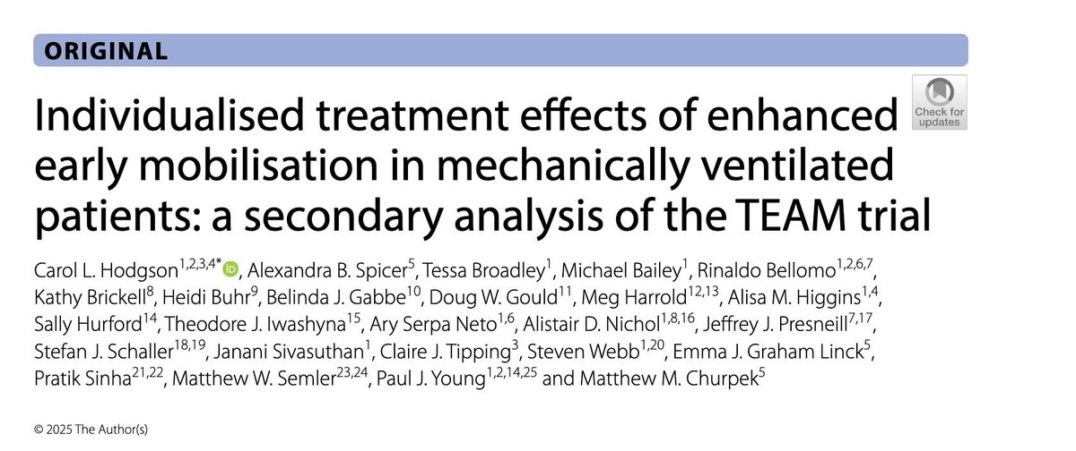WellingtonICU's tweet photo. We have a new publication in ICM:

Individualised treatment effects of enhanced early mobilisation in mechanically ventilated patients: a secondary analysis of the TEAM trial

https://t.co/Bhpl8ZnGVW https://t.co/VZSt0eaoia