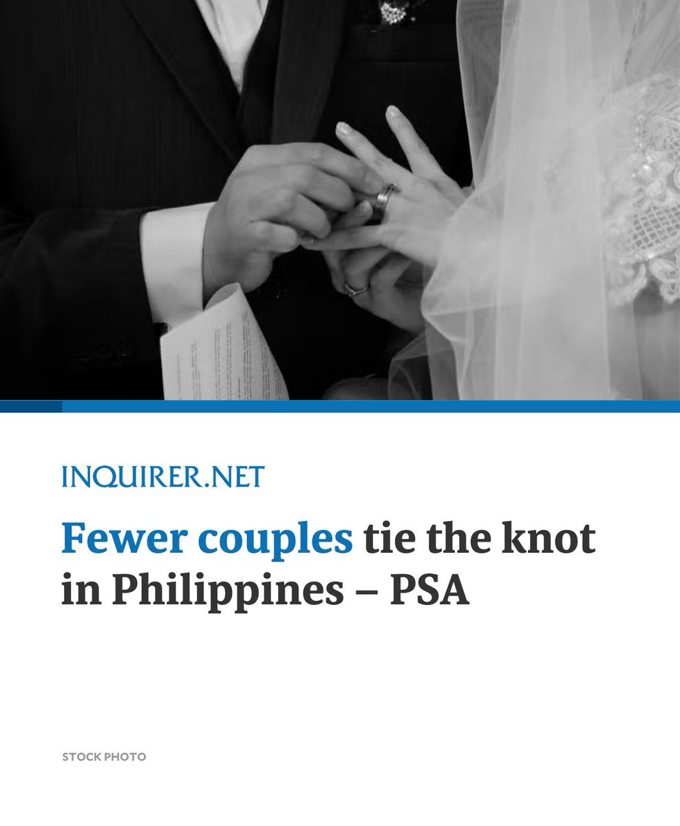 inquirerdotnet's tweet image. &quot;I DO&quot; ❌
&quot;SANA ALL&quot; ✅

Fewer Filipinos are saying “I do,” as marriages in the Philippines continued to decline in 2024, updated data from the Philippine Statistics Authority (PSA) show.

READ MORE: inqnews.net/FewerMarriages…