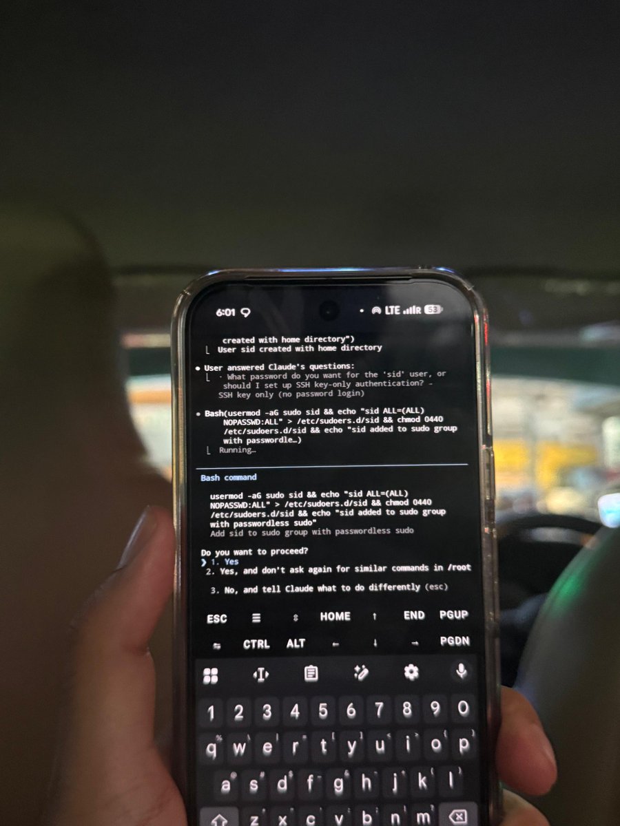 stuck in blr traffic? do this. 

>throw ur zsh history to claude code
>ask it to set up your new server with optimal .zsh configs
>chuck it <a href="/skeptrune/">Nick Khami</a>'s blog. ask it to set itself up
>termux on da phone. tmux on da server
>tailscale up
>ssh me@workspace
>claude