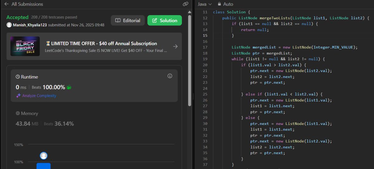 Manish_Kumar60's tweet image. Solved LeetCode 21 today!
Merged two sorted linked lists using two approaches:
• Creating a new merged list node-by-node
• Reusing original nodes for an efficient in-place merge
#leetcode #dsa #linkedlist