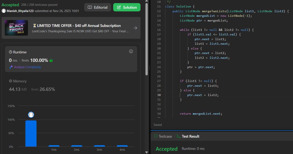 Manish_Kumar60's tweet image. Solved LeetCode 21 today!
Merged two sorted linked lists using two approaches:
• Creating a new merged list node-by-node
• Reusing original nodes for an efficient in-place merge
#leetcode #dsa #linkedlist