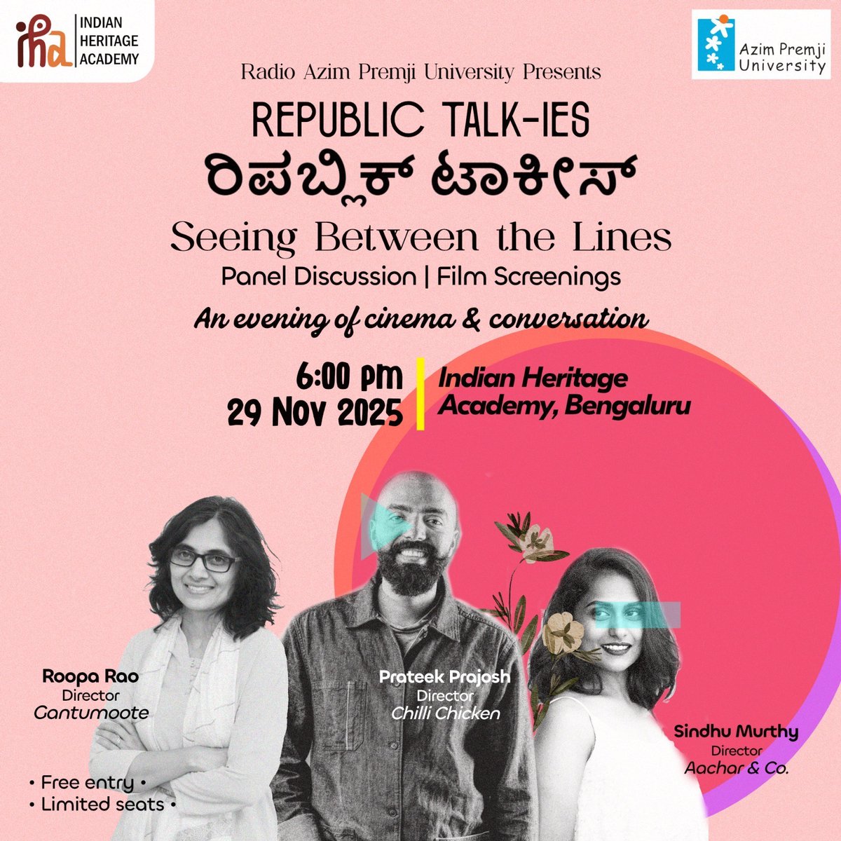 azimpremjiuniv's tweet image. Cinema has always reflected India’s evolving imagination of itself.

At Republic Talk-ies, we bring together filmmakers whose work explores the republic in all its complexity — its diversity, fragility, and possibilities.

The evening features a panel discussion, ‘Seeing Between…