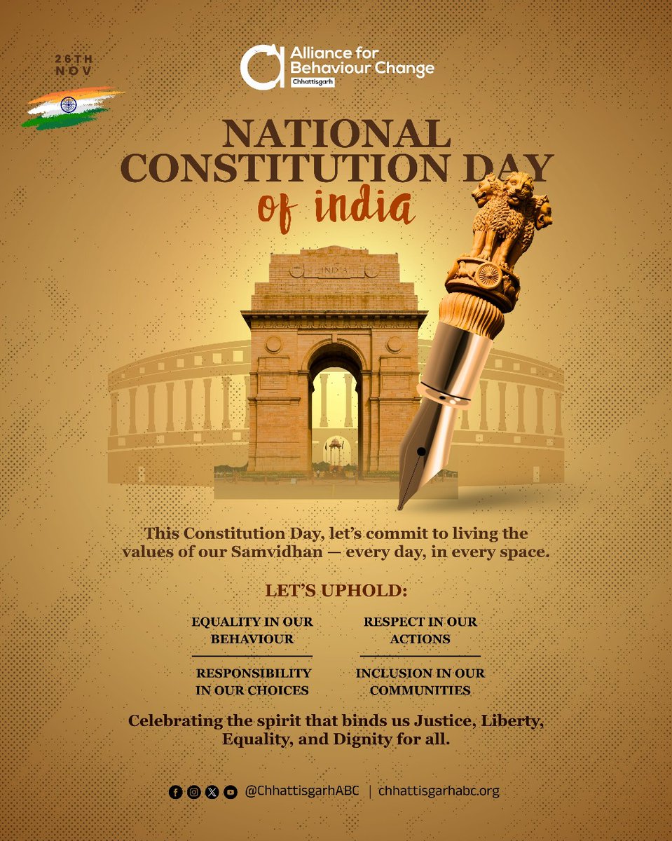 ChhattisgarhABC's tweet image. Our Samvidhan is not just a document — it’s a daily reminder of who we must be as a society.

Today, let’s honour it not just in words, but in the way we think, act, and treat each other.

When we choose:
 🔸 Equality in our behaviour
🔸 Respect in our actions
🔸 Responsibility…