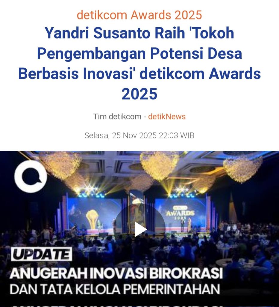 Menteri Desa PDT Yandri Susanto meraih penghargaan tokoh pengemb potensi desa berbasis inovasi dlm ditikcom awards 25
#YandriSusantoInovator
#PenghargaanDetikcomAwards
#PotensiDesaBerbasisInovasi
#DesaBerbasisInovasi
#PenghargaanYandriSusanto
<a href="/prabowo/">Prabowo Subianto</a>
<a href="/YandriSusanto/">Yandri Susanto</a>
<a href="/ArizaPatria/">Ariza Patria</a>