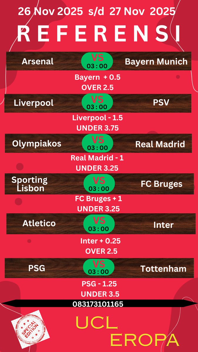 parlay_datuk23's tweet image. MATCH HARI INI , 26 November 25.
INFO  WA : 083173101165 heylink.me/datuk_alakazam/
#Nahan #Sibolga #Morowali #IWillAlwaysSaveYou #ArrestandAction #GMMTV2026 #IndonesiaNaikKelas #terimakasihguruku #MrKillSeries #Barca