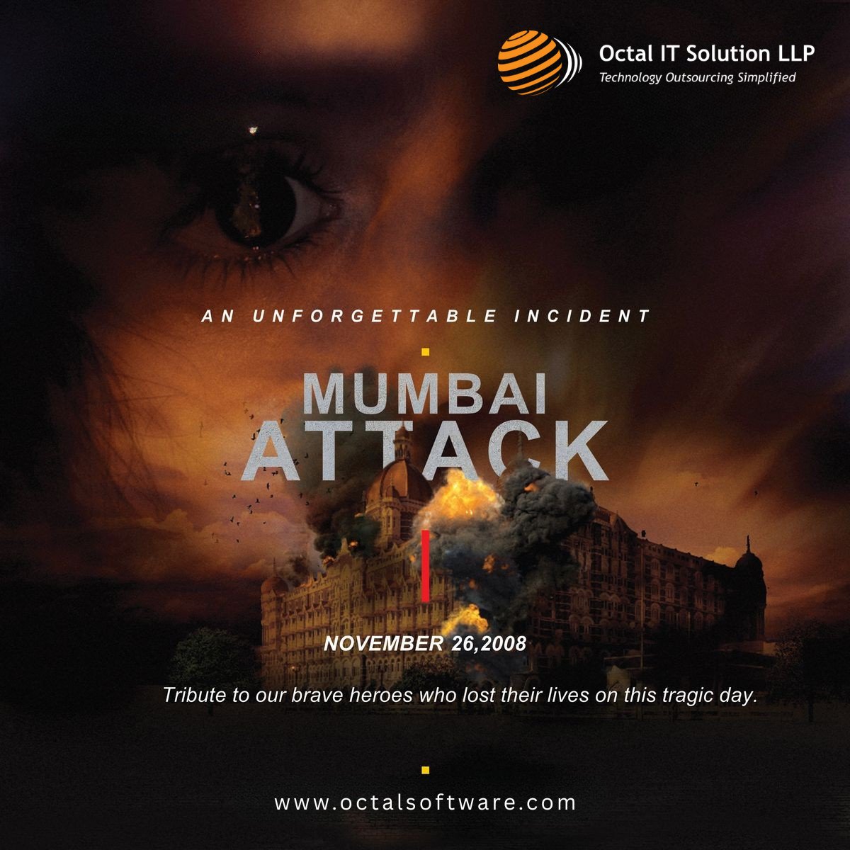 octalitsolution's tweet image. On this solemn day, we pay tribute to the heroes of 26/11 Mumbai Attack. Their valor, sacrifice, and devotion to duty will never be forgotten. May their legacy continue to guide our nation toward peace and strength. 🇮🇳✨

#MumbaiAttacks  #NeverForget2611 #TributeToHeroes