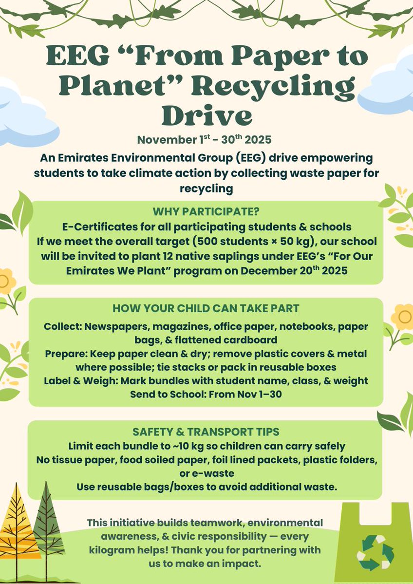 GEMSOOAA's tweet image. Reposting as a friendly reminder to all OOL students:
📷📷 EEG “From Paper to Planet” Recycling Drive 📷
Together, let’s turn waste into worth! 
#GEMSEducation

@WhichSchool_UAE @SchoolsCompared

@gemseducation @ADEK_tweet

#GEMSGenius