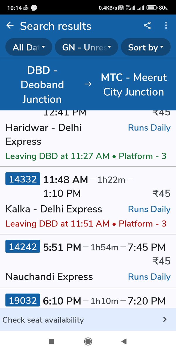 There is no train in between Deoband Jn to Meerut City In day time 11:48 to 17:51, it's diverting Rail users to Road, which is very inconvenience faced by commuters. <a href="/AshwiniVaishnaw/">Ashwini Vaishnaw</a> <a href="/RailMinIndia/">Ministry of Railways</a> 
Kindly look in to the timings of route.